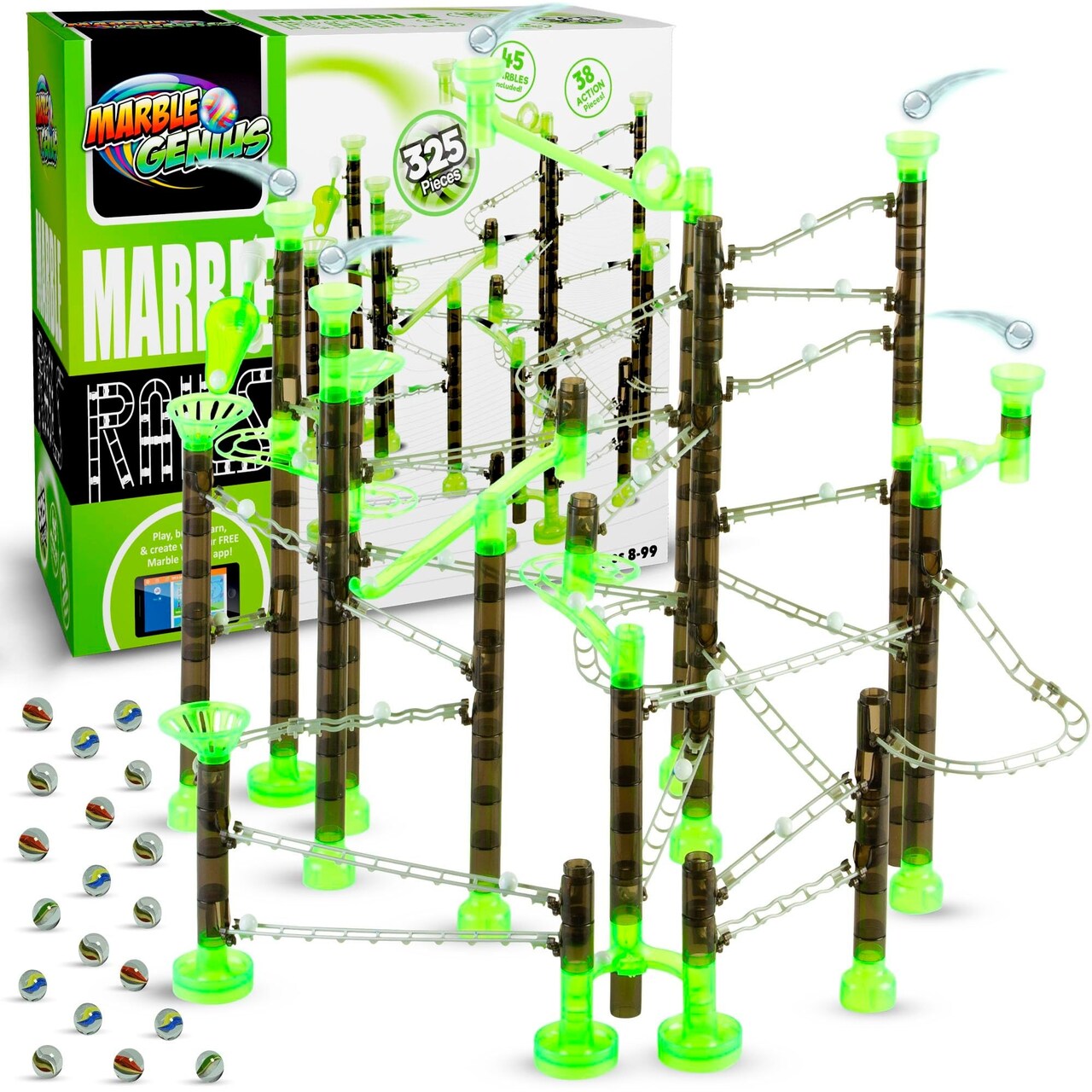 Marble Genius Marble Rails Super Set, 325 Piece Marble Run for Ages 3-14 (45 Marbles, 15 Rail Pieces, 10 Base Pieces & More), STEM, Full-Color Instructions, Great Holiday Gifts for Kids & Teens